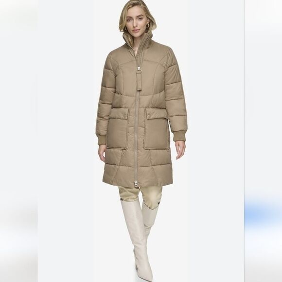 ANDREW MARC Pavia Quilted Faux Down Hooded Puffer Quilted Coat Tan Camel Size M - Picture 15 of 16